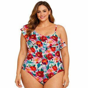 catherine malandrino Floral One Shoulder One Strap One Piece Swimsuit Size XL